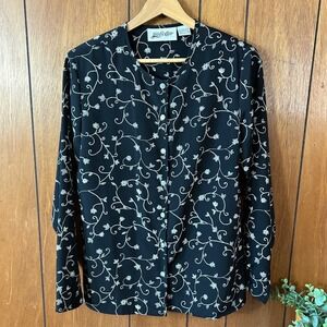 Vintage Yves St Clair Black Floral Embroidered Long Sleeve Button Up Blouse Top